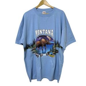 Vintage 90s Men’s 2X Blue Montana Moose Graphic Tee Shirt Western Travel Classic